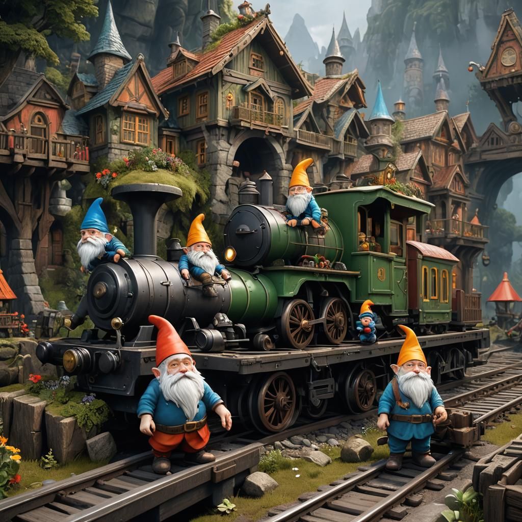 Gnomes Building a Train: Detailed Matte Painting