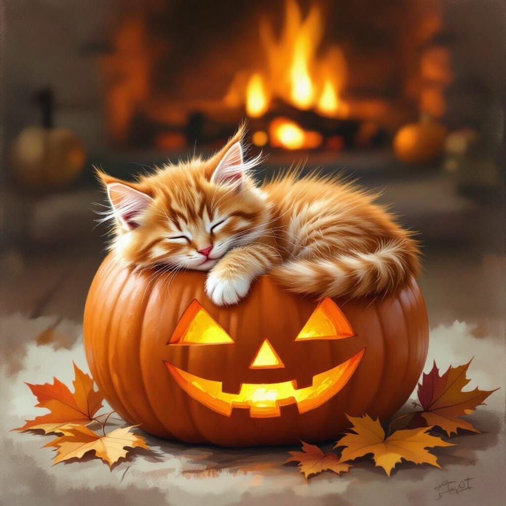Fluffy Kitten Sleeps in Pumpkin, Autumn Scene