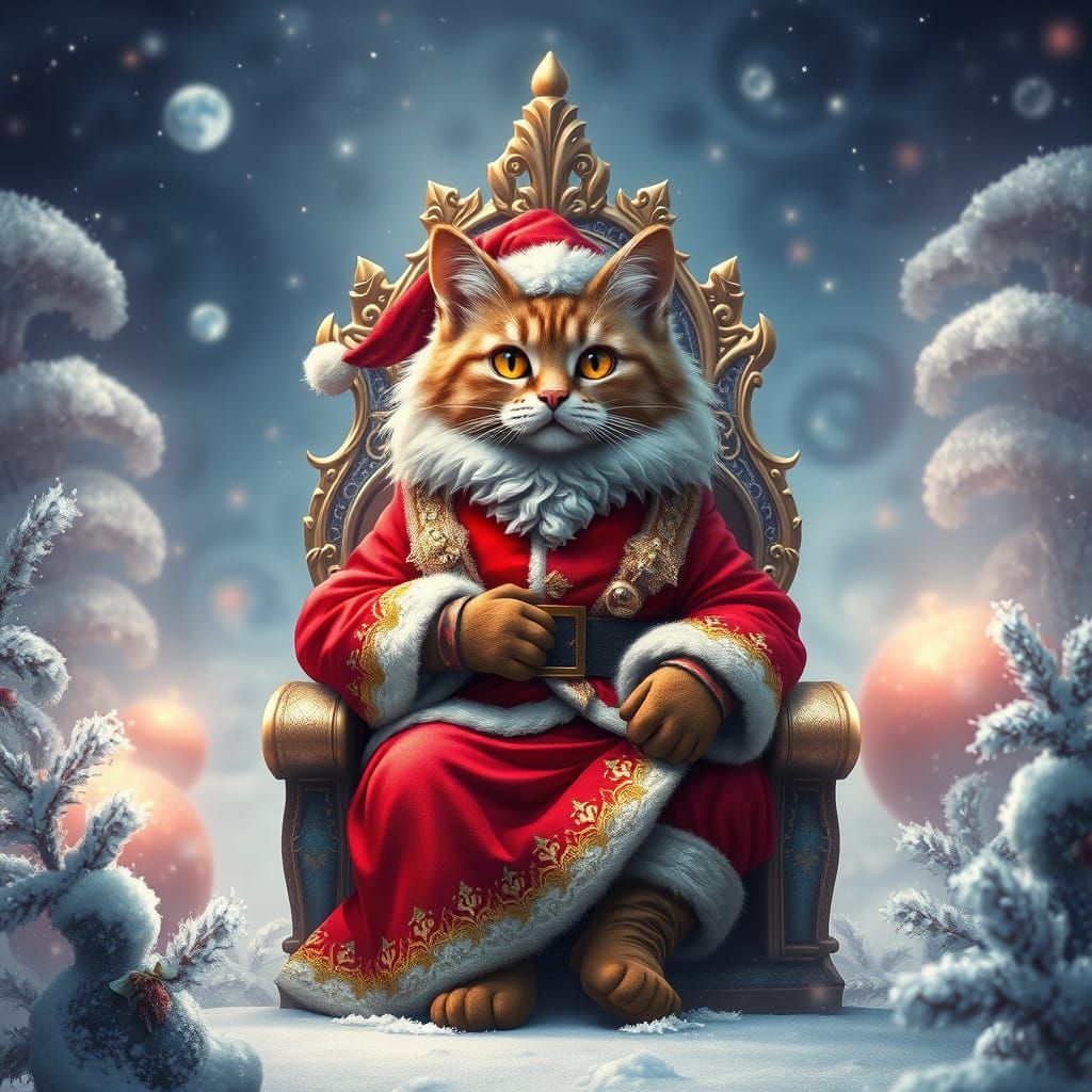 Whimsical Feline Santa Claus in Vibrant Winter Wonderland