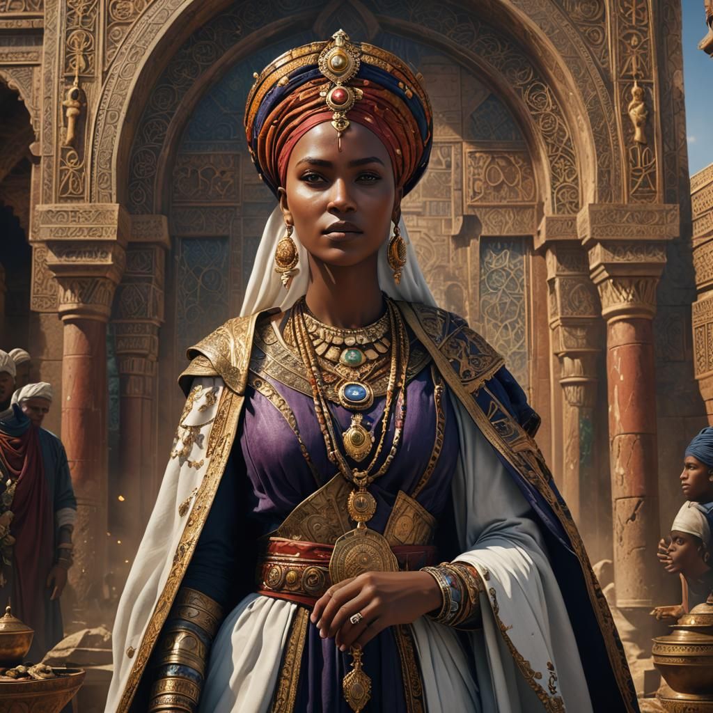 Queen Amina Portrait in Detailed Matte Painting Style
