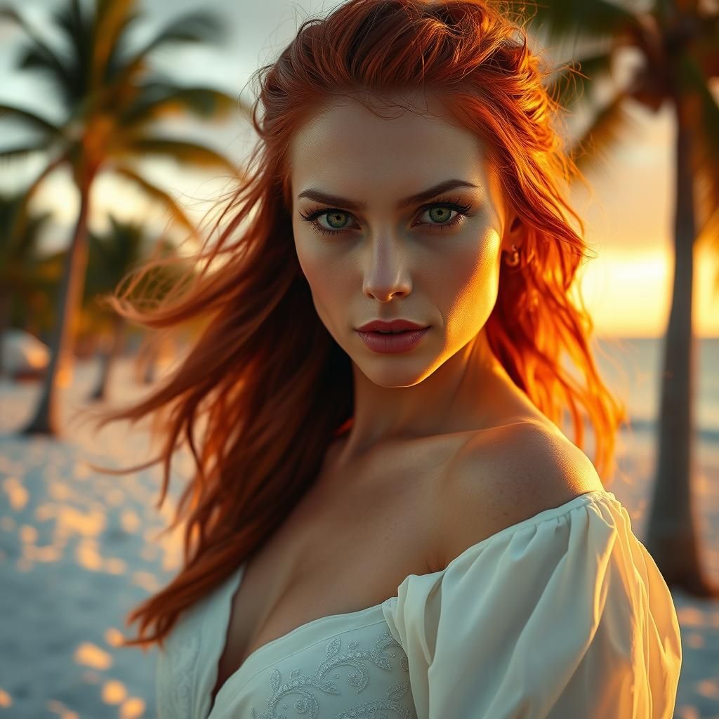 Red-Haired Woman on Beach at Sunset