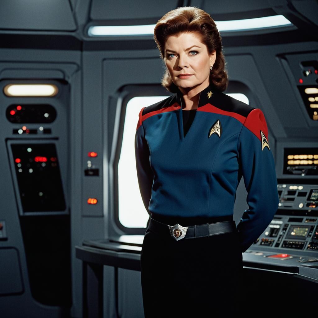 Kate Mulgrew as Captain Janeway wearing her Starfleet uniform