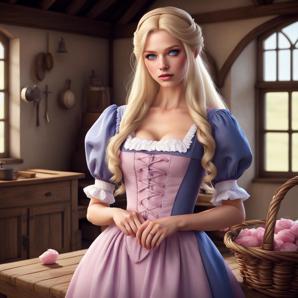 Blonde Woman in Medieval Dress in Farmhouse
