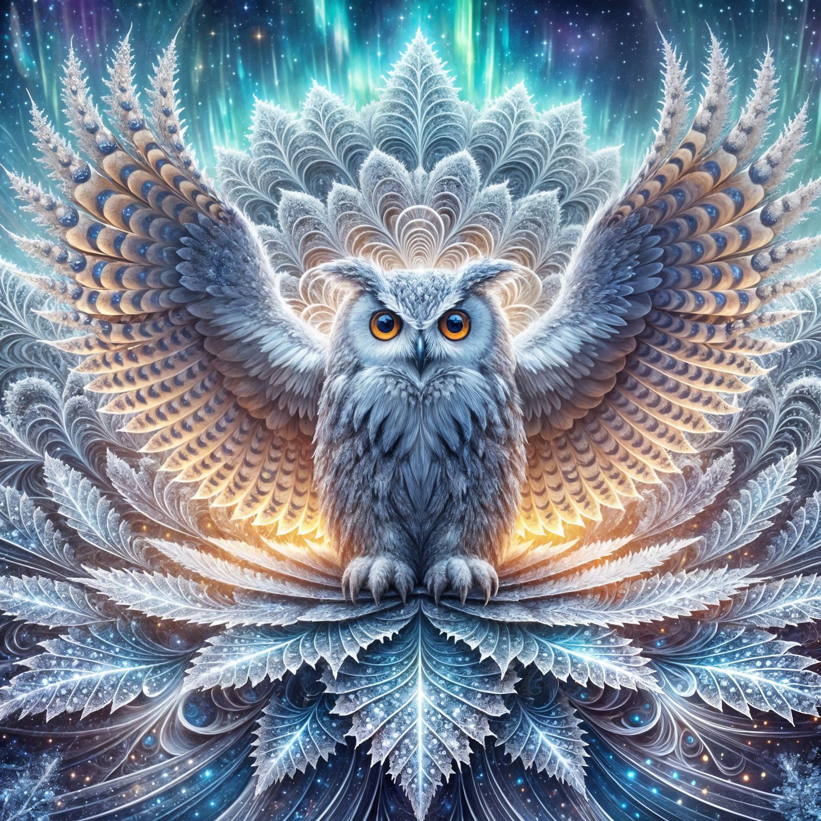 Snowy owl in flight with frosted leaves and an aurora boreal...
