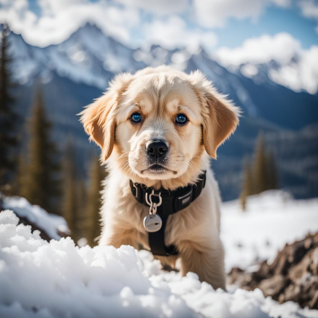 Adorable Blond Puppy Portrait in Snowy Mountains