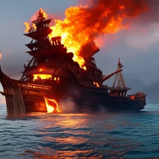 Burning Pirate Ship with Flag: Digital Matte Painting