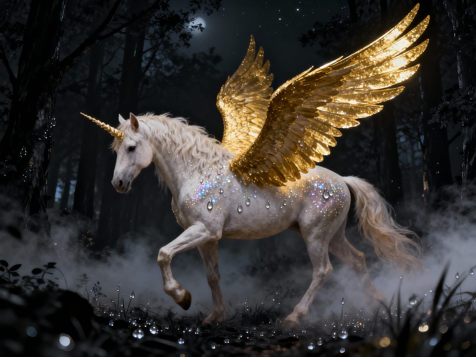 Elegant Unicorn in Misty Black Forest at Night