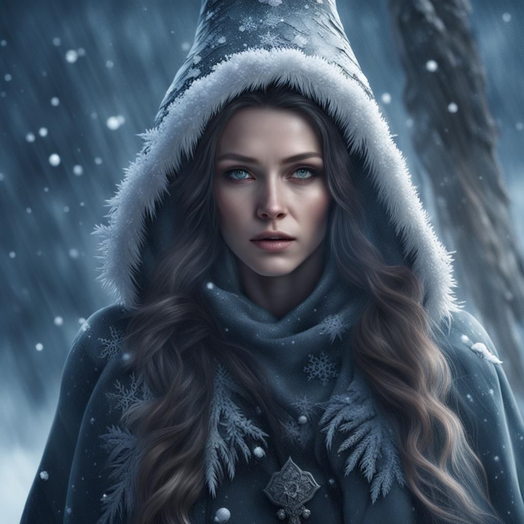 Female Witch in the Snow portrait, ice,