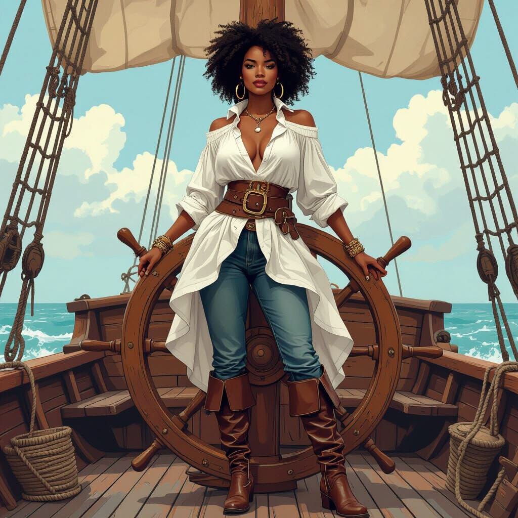 African Woman Pirate Ship in Loish Style