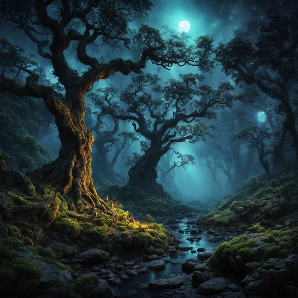 Ethereal Night Landscape with Luminous Mists