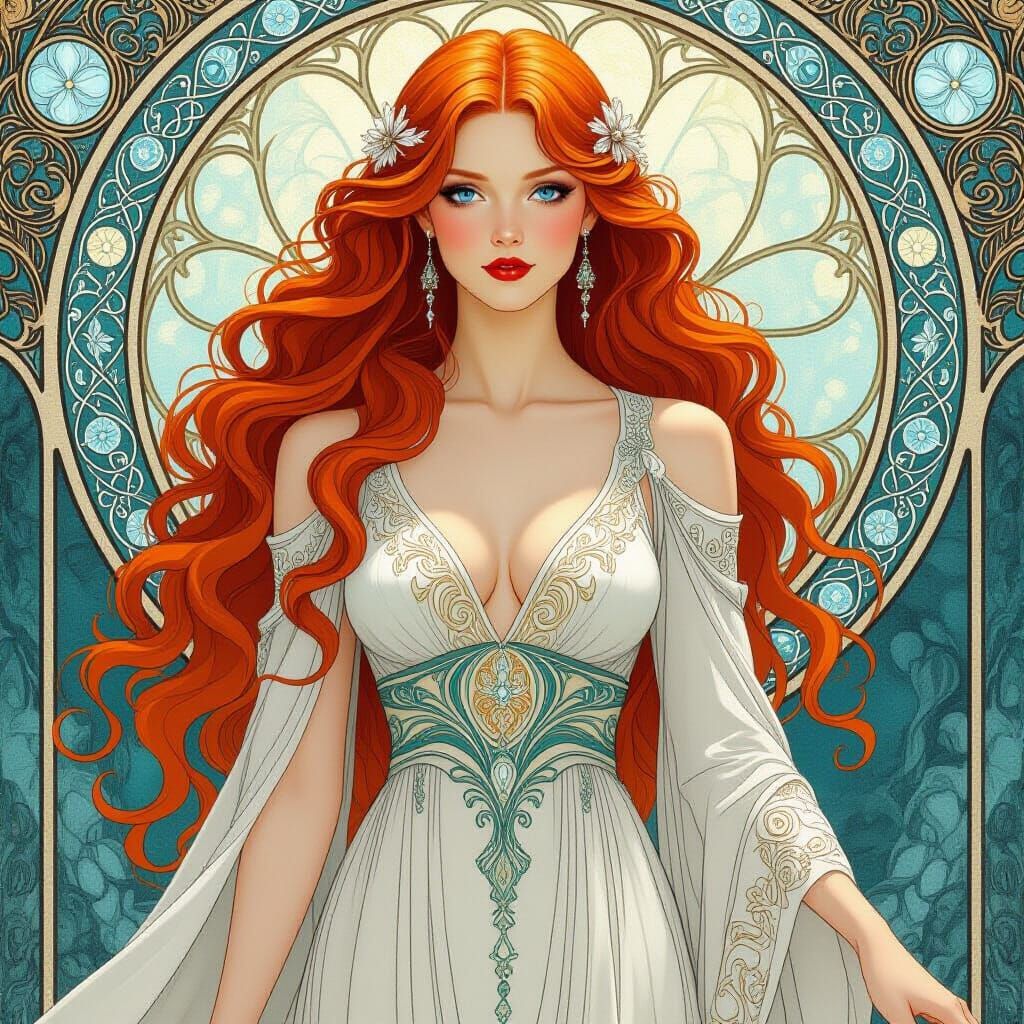Elegant Woman in Celestial Dress, Art Nouveau Style