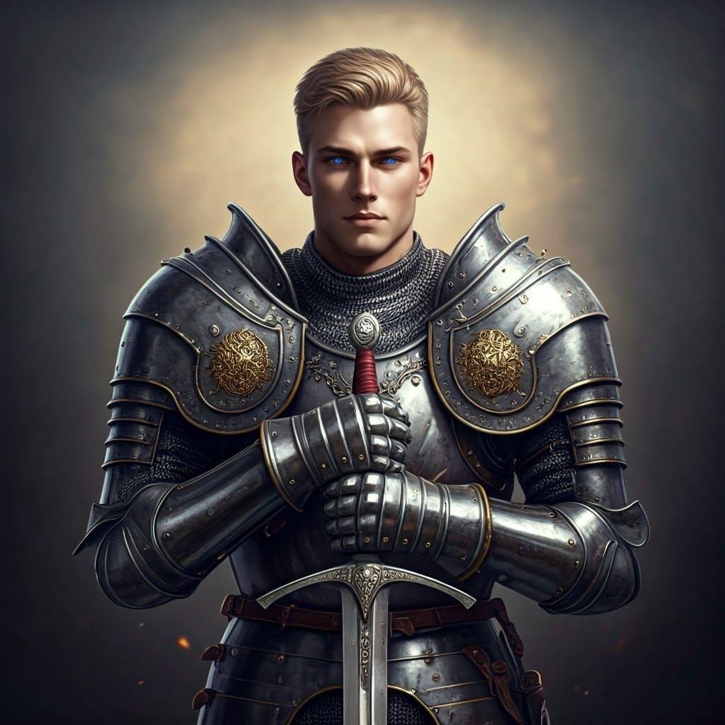 Handsome Knight in Shining Armor with Silver Sword