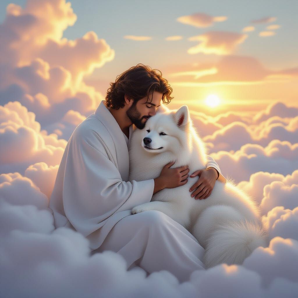 Man and White Dog Embrace in Celestial Clouds