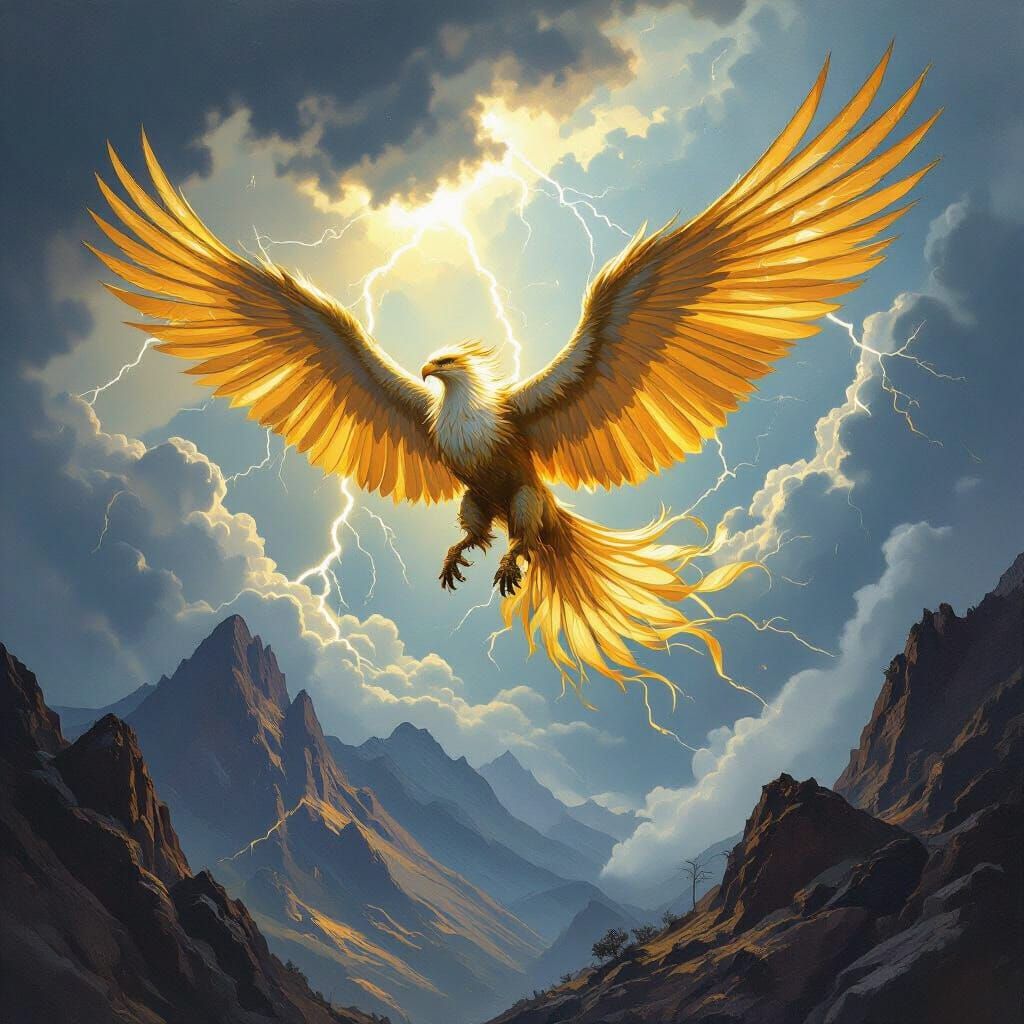 Majestic Griffin Soars Through Stormy Sky