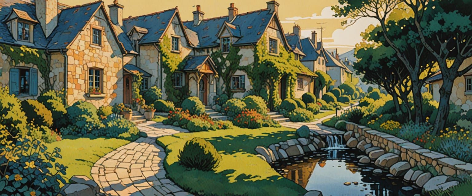 Quaint Village in Comic Book Watercolor Style