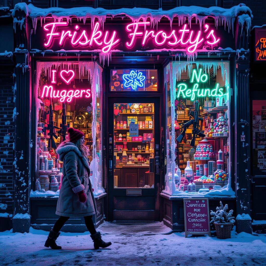 Icy Cyberpunk Gun Shop with Neon Signs