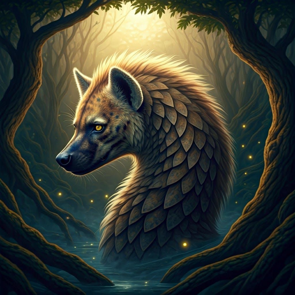 a fantastic animal hybrid of hyena and crocodile