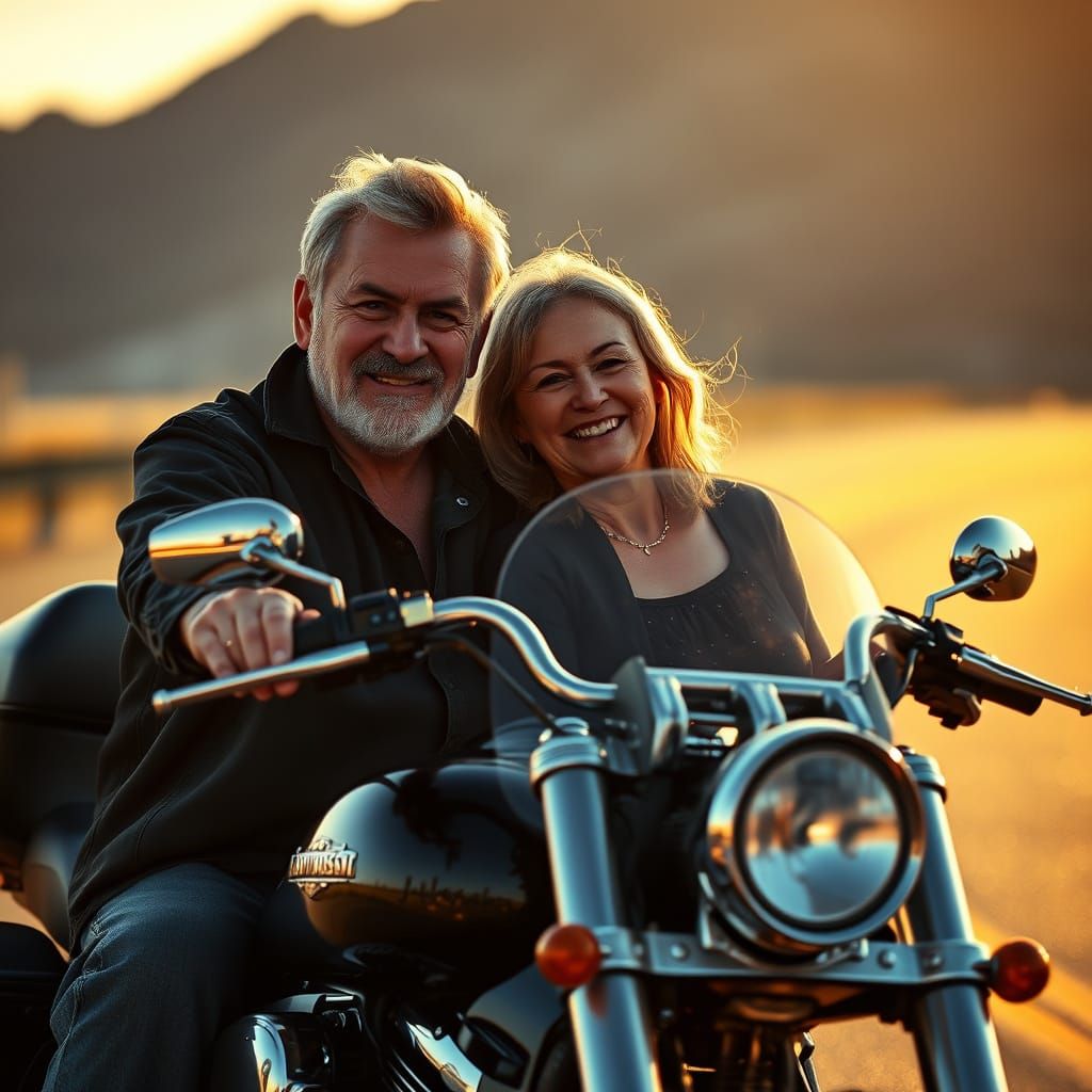 Couple Riding Harley Davidson in Golden Hour