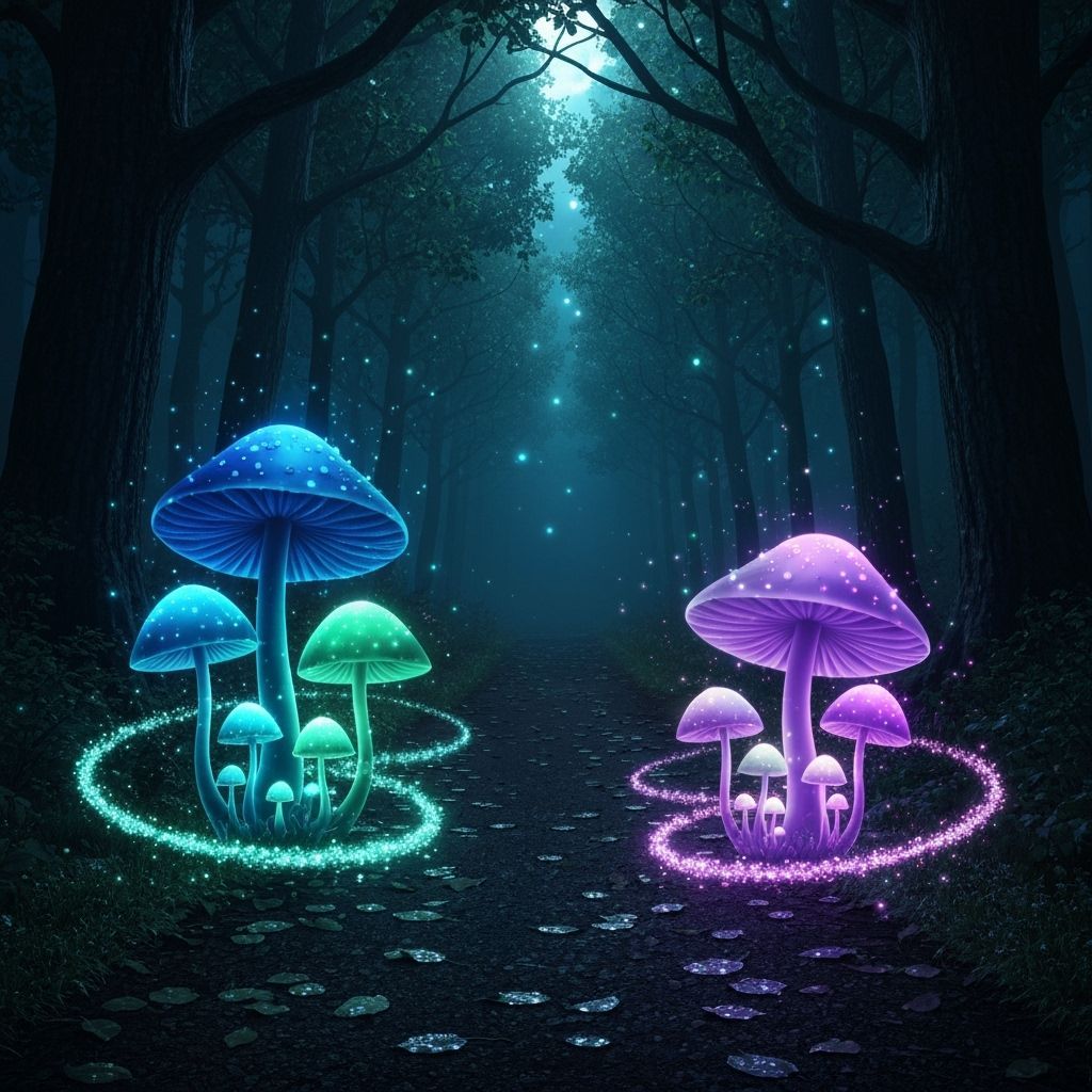 Magical Forest Path at Night with Glowing Mushrooms