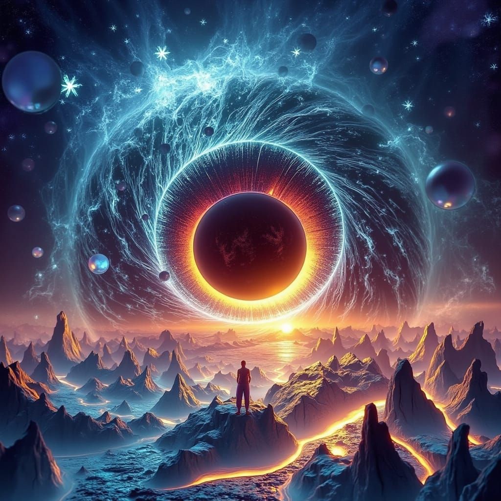 Figure Before Black Hole in Futuristic Cubist Style