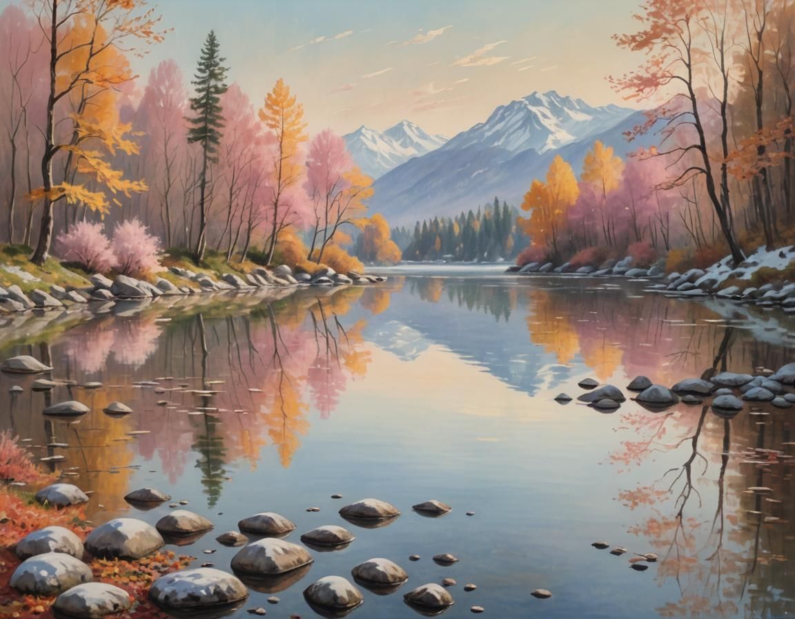 Pastel Lake Reflects Mountains in Impressionist Painting