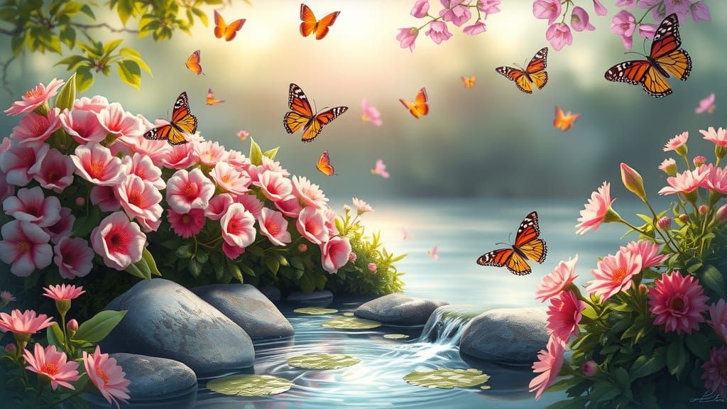 Peaceful Digital Garden Painting with Matte and Glow