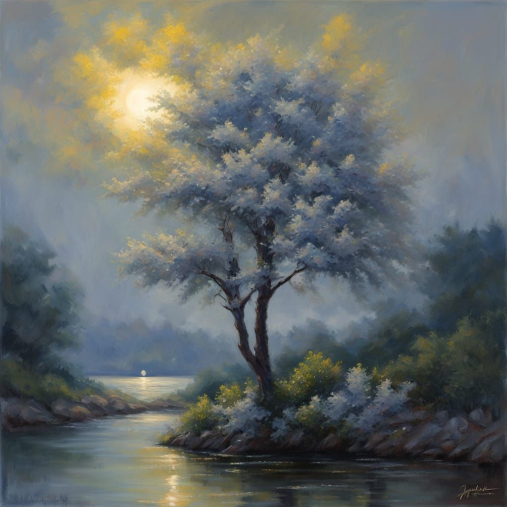 Small Tree in Silver Moonlight Oil Painting