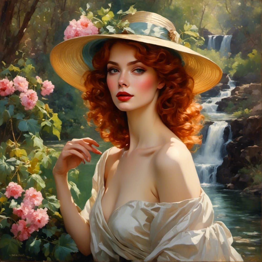 Elegant Redhead in Spring Garden with Waterfalls