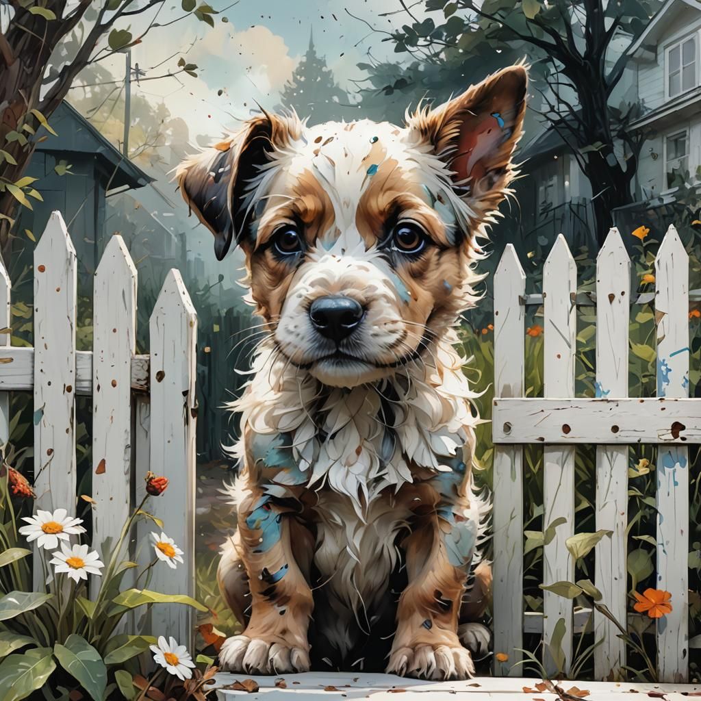 breathtaking puppy white picket fence cover art Artwork, per...