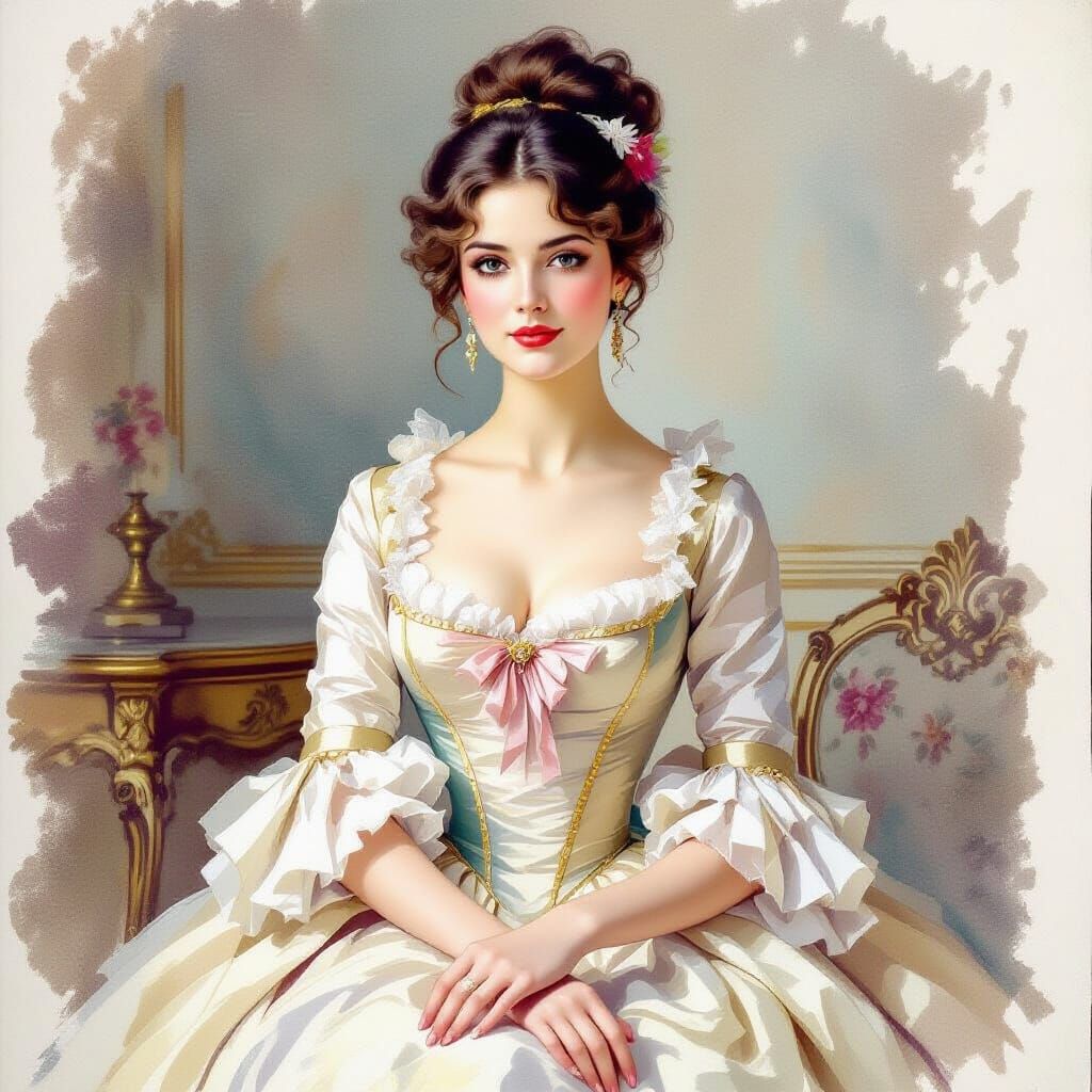 Rococo Portrait of a Dark-Skinned Woman in Watercolor Style