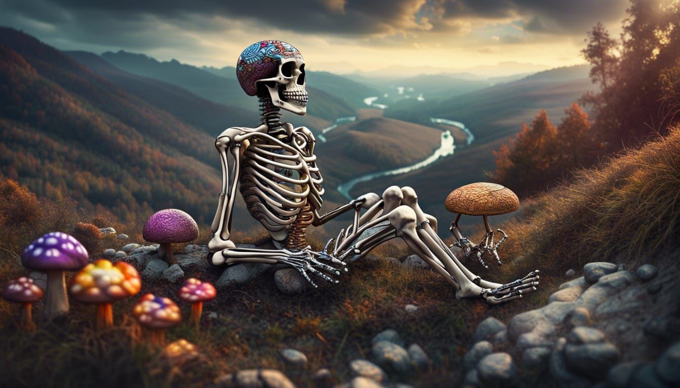 Psychedelic Skeleton Overlooking Mushroom Valley