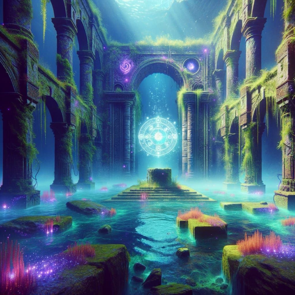 Underwater Ruins with Ethereal Glow, Digital Painting