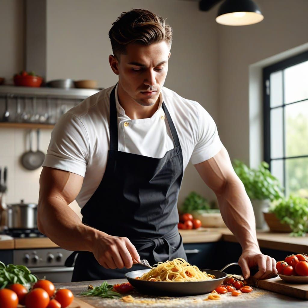 Muscular Chef Prepares Pasta in Modern Kitchen