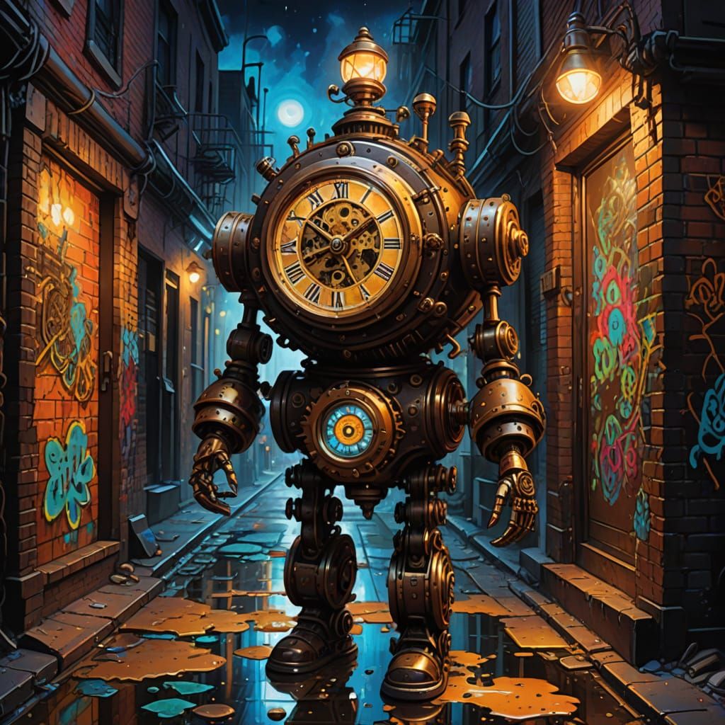 Steampunk Automaton in Neon Alley Graffiti Art