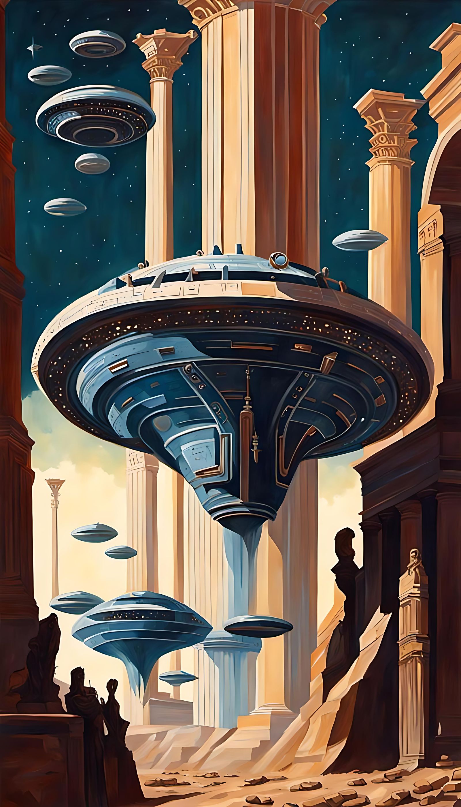 Roman Empire Meets Futuristic Spaceships: Gouache Painting
