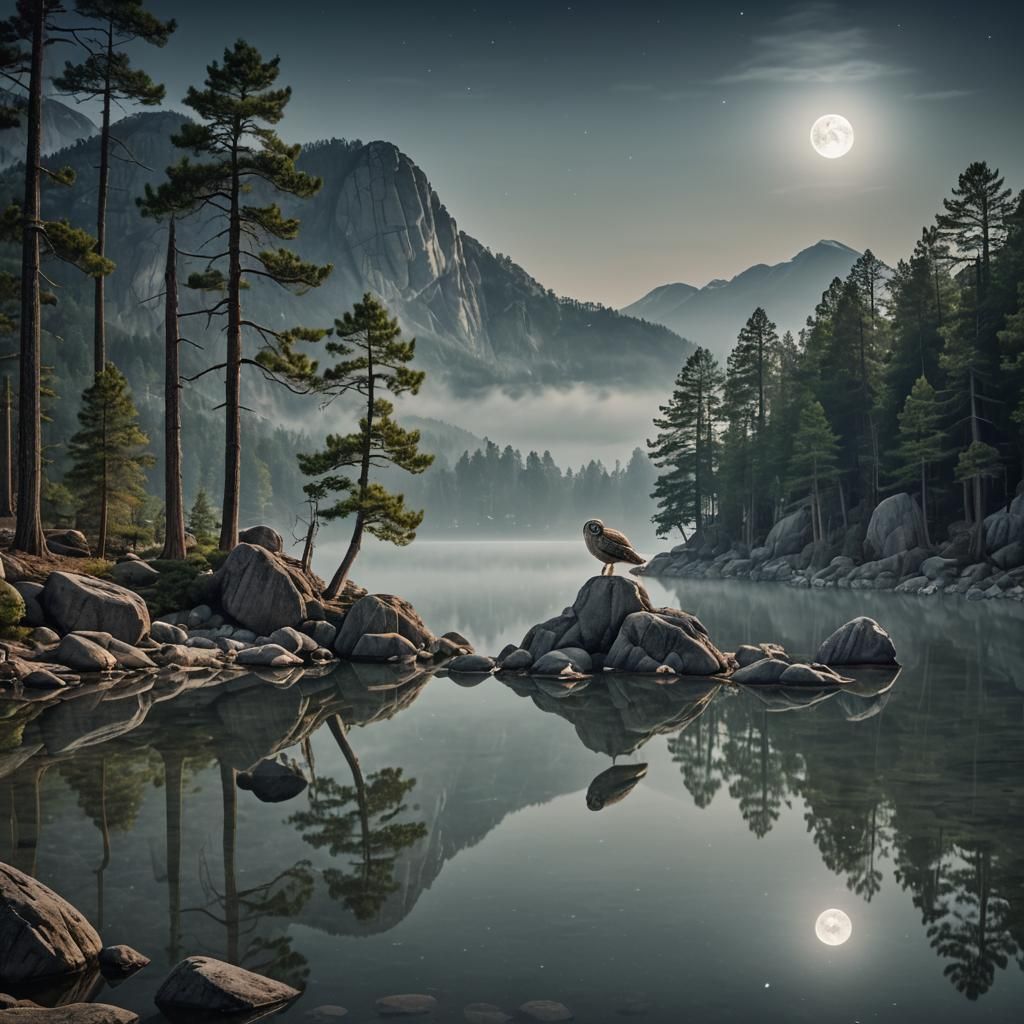 Owl and Moonlit Lake Reflection at Night