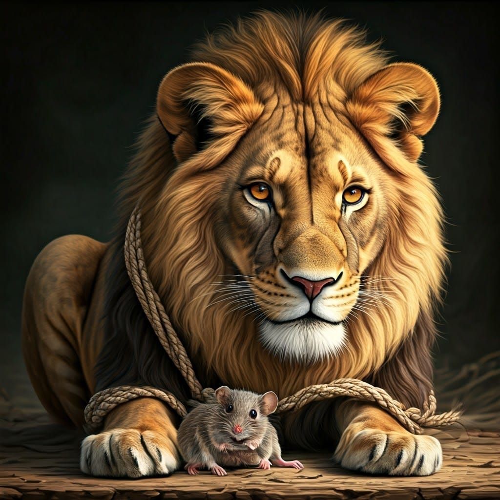 A mouse chewing through ropes which bound a lion