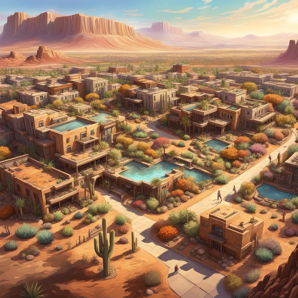 Desert Mesa Community with Gardens in Hyperrealistic Style