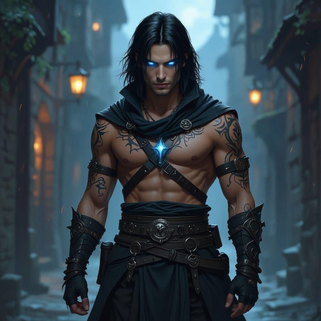 Fallen Aasimar Rogue With Glowing Alchemical Tattoos