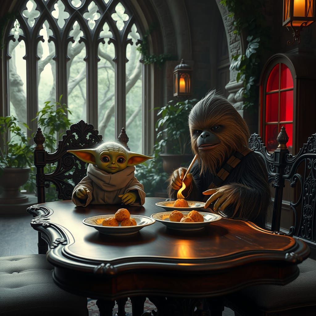 Baby Yoda and Chewbacca Feast in Gothic Setting