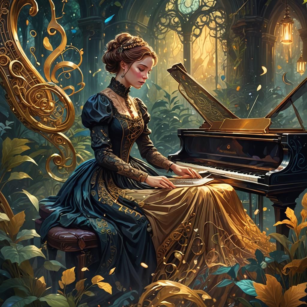 Victorian Woman Plays Piano in Mystical Forest