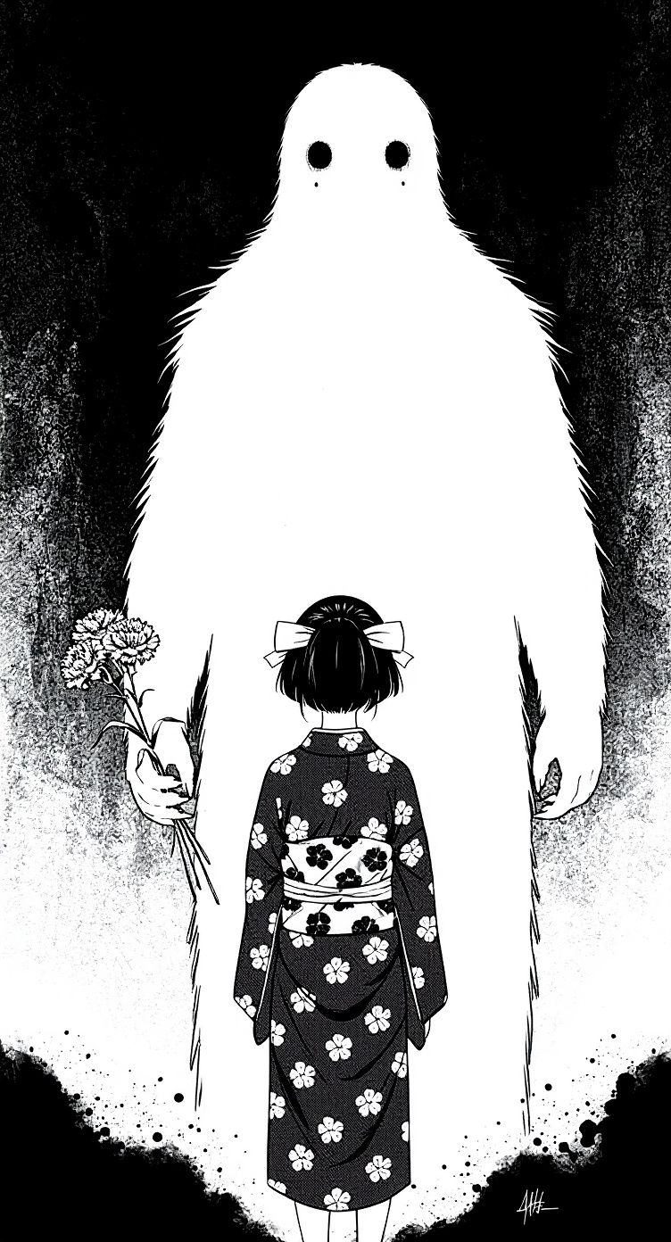 Girl and Monster with Carnations in Selective Color Style