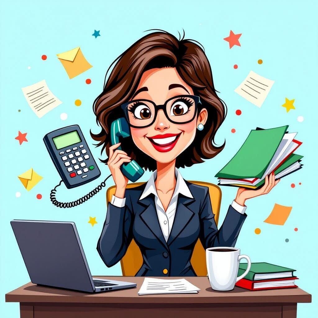 A caricature of a secretary juggling a phone, laptop, coffee...