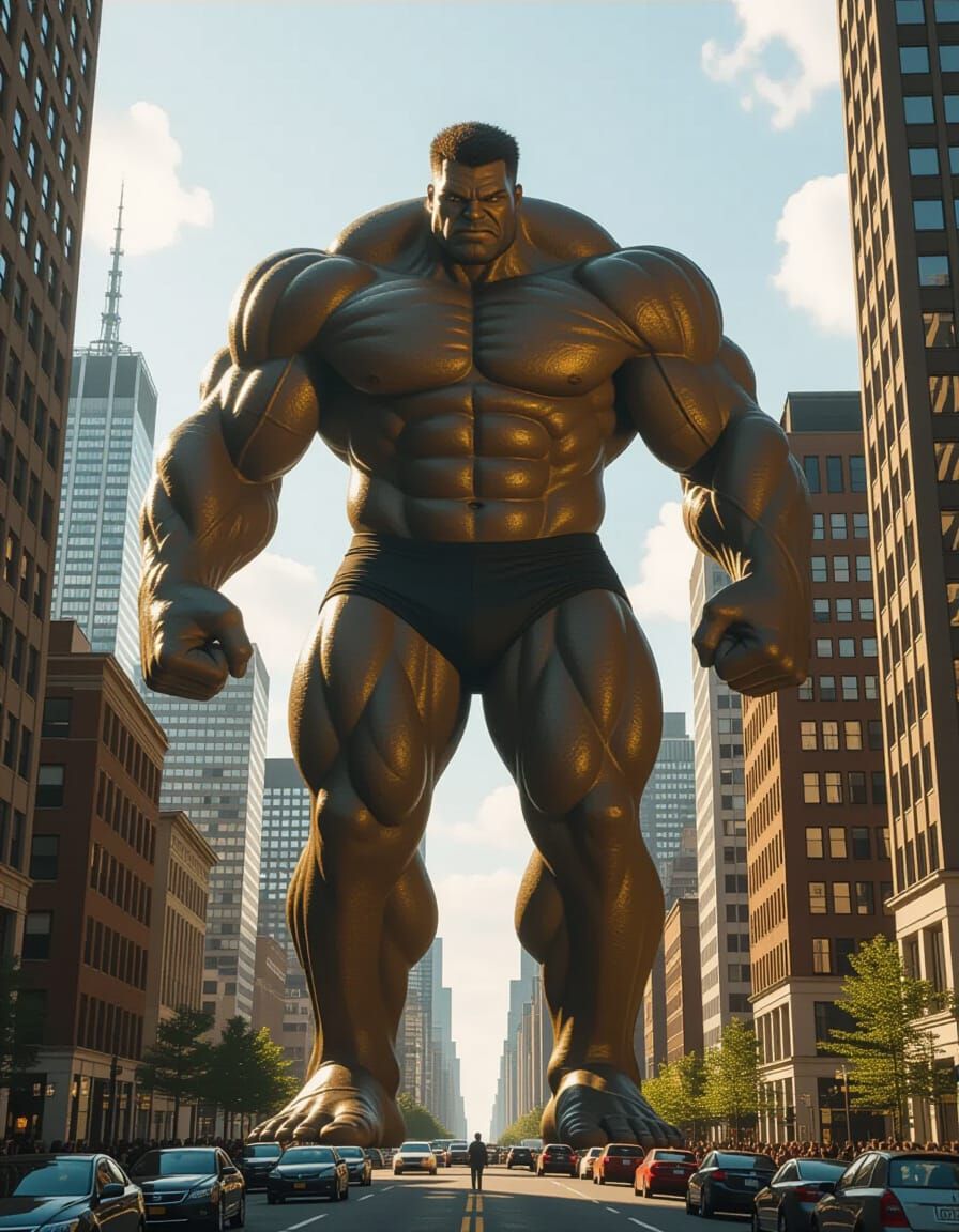 Giant Muscular Man Above Cityscape