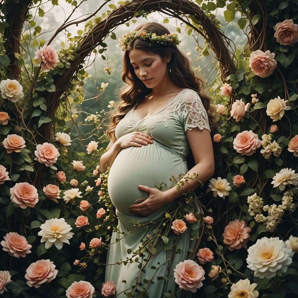 Pregnant Woman Surrounded by Flowers: Cinematic Still