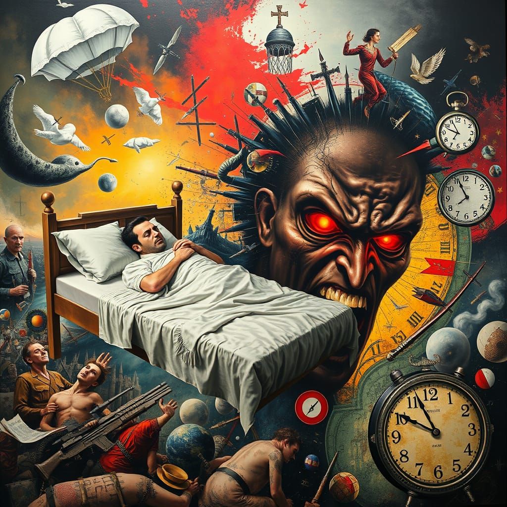 Surreal Dreamscape with Floating Bed and Shadow Figure