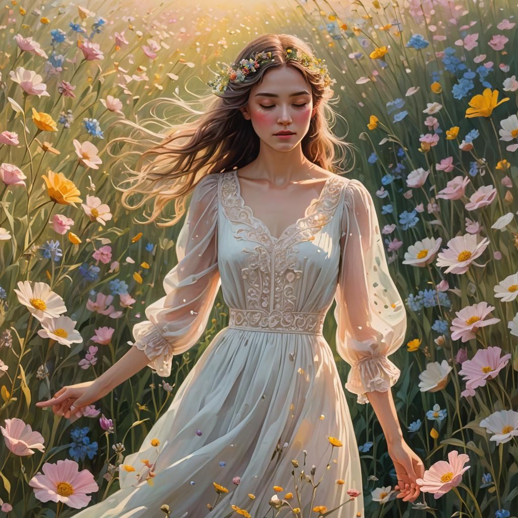 Girl in Dreamy Floral Field: Ethereal Matte Painting