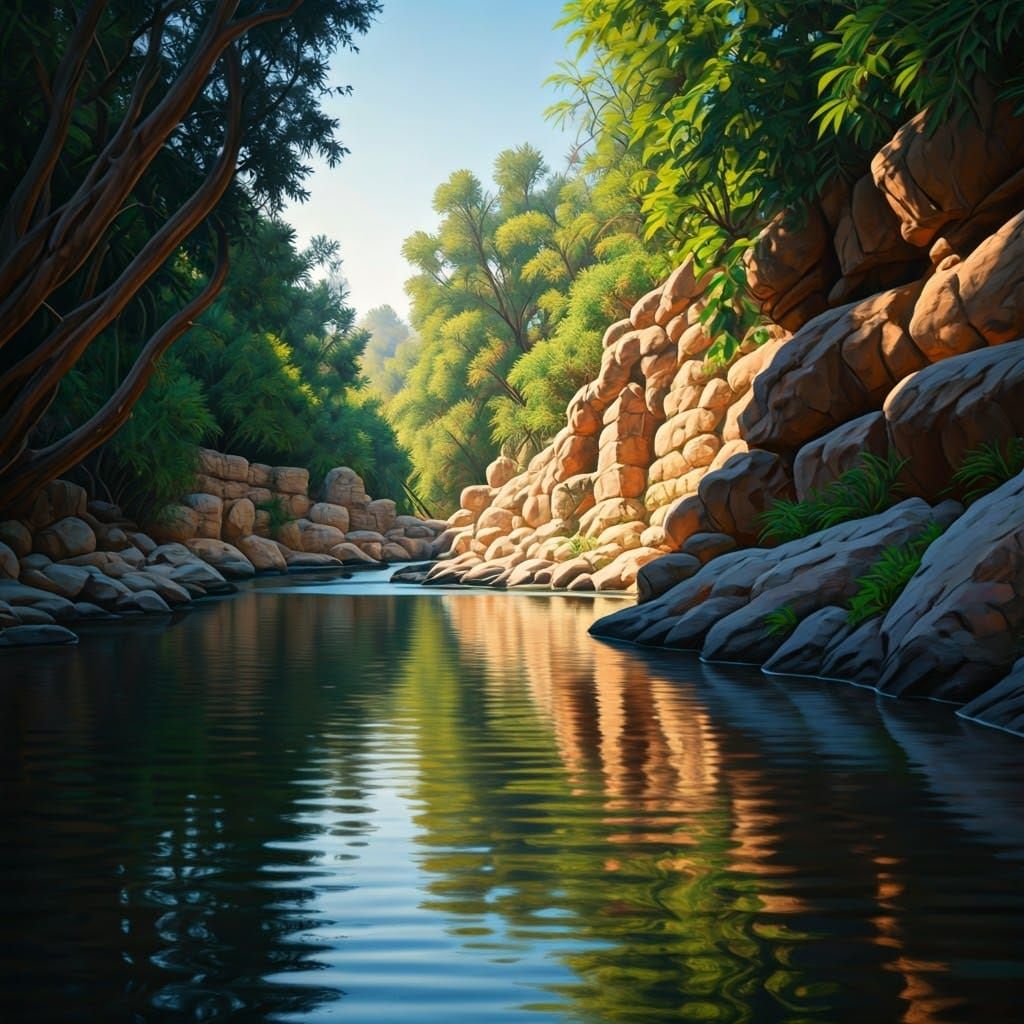 Banias Stream Charcoal Drawing in Surrealist Style