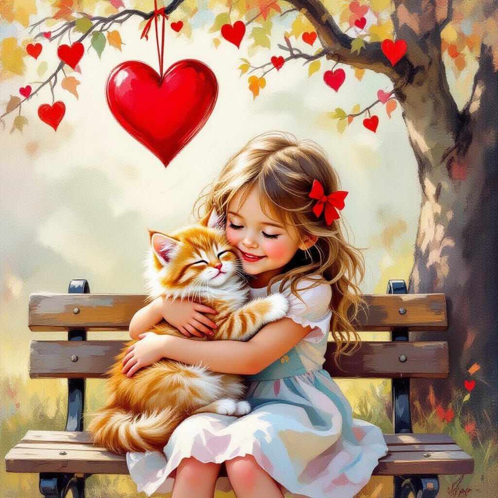 Girl Hugs Ginger Kitten Under Heart-Decorated Tree