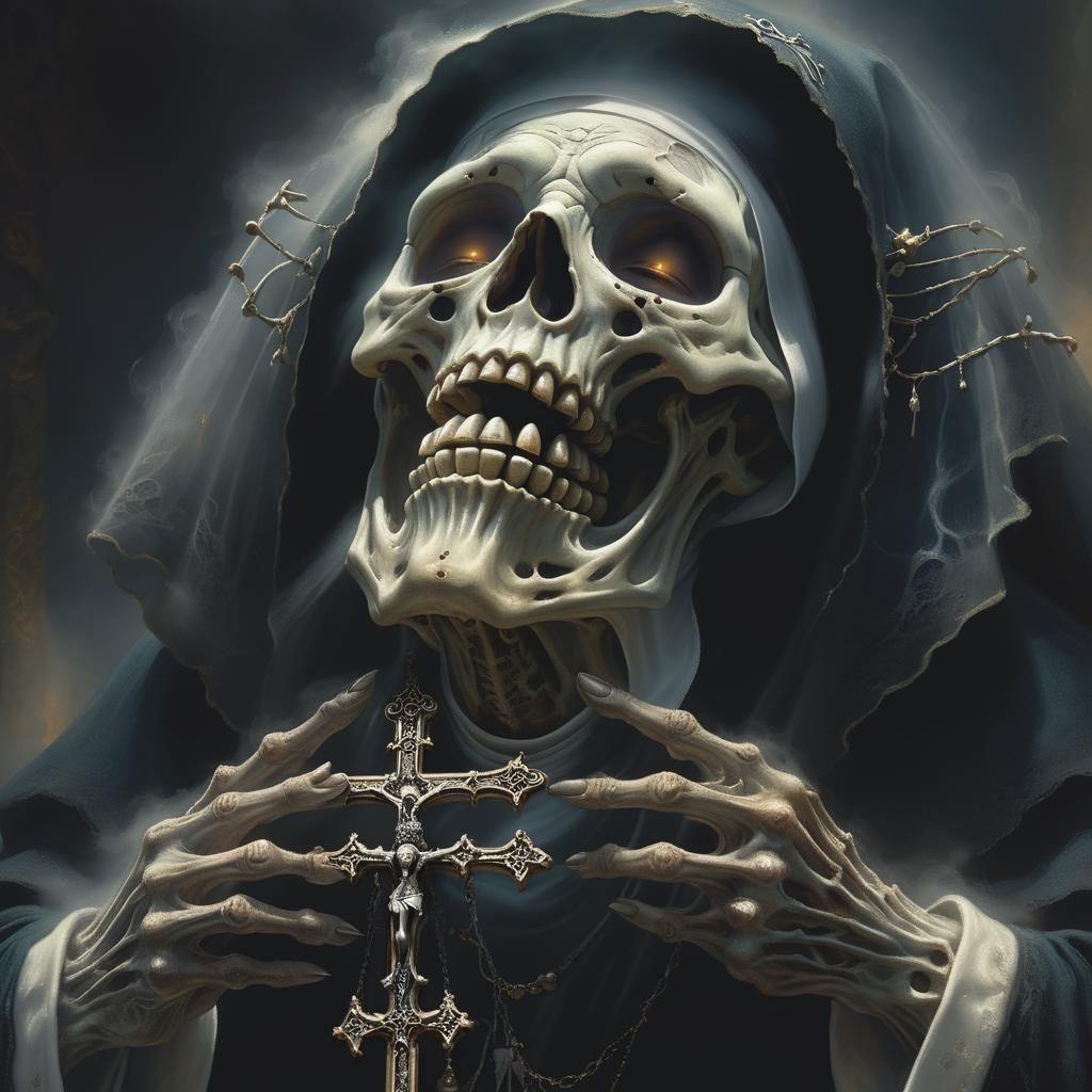 Ethereal Skeletal Nun Praying in Misty Landscape